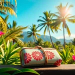Beautiful Lombok island with a package of local crafts being showcased in a lush tropical setting for travelers.