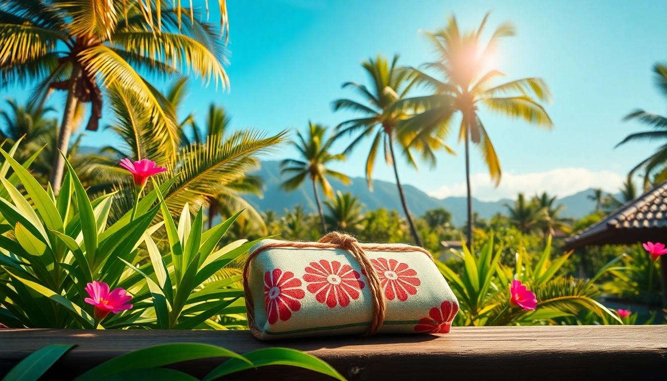 Beautiful Lombok island with a package of local crafts being showcased in a lush tropical setting for travelers.