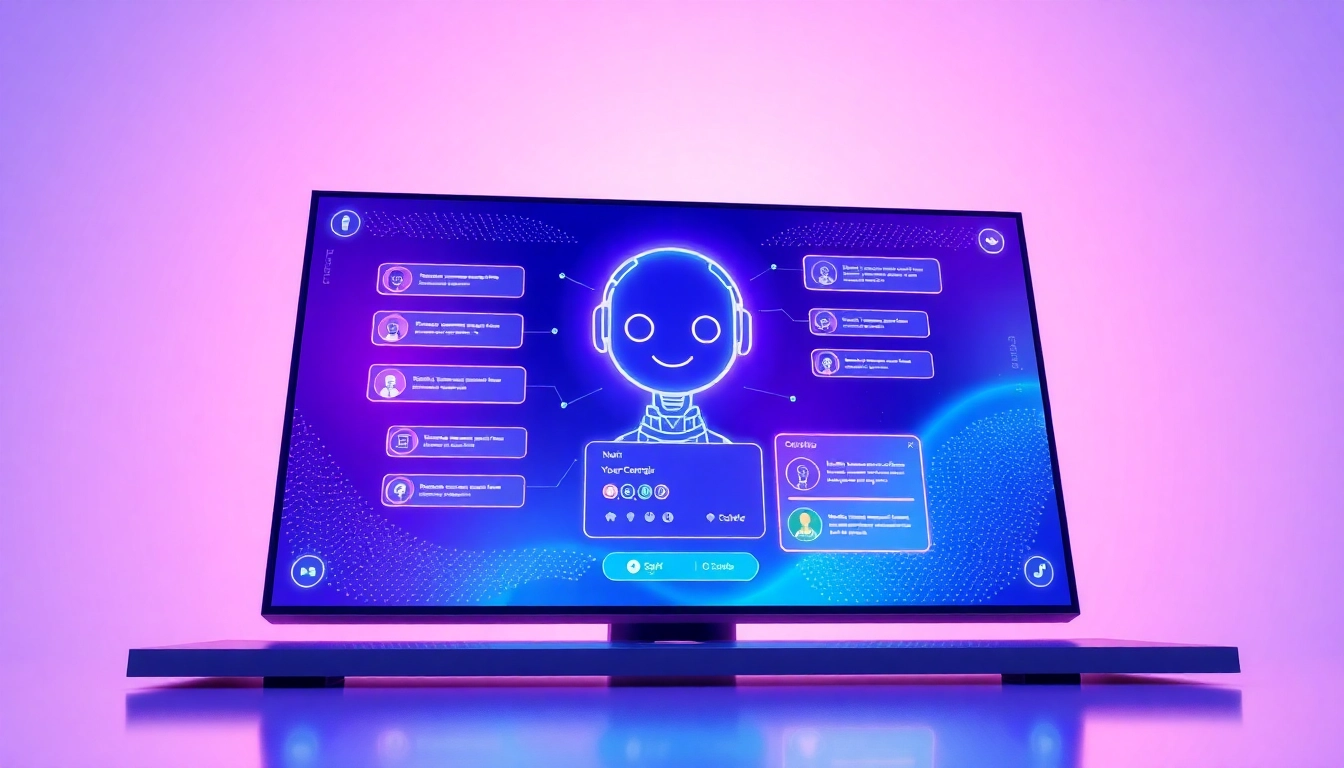 Futuristic AI chatbot interface with holographic elements and glowing avatar on a sleek screen.