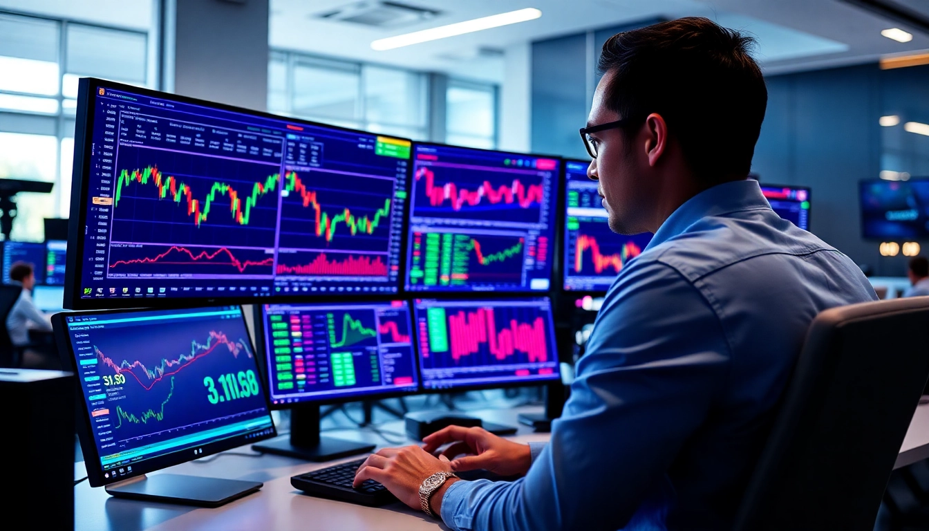Online Stock Trading platforms and stock charts displayed on trader's screens in a professional